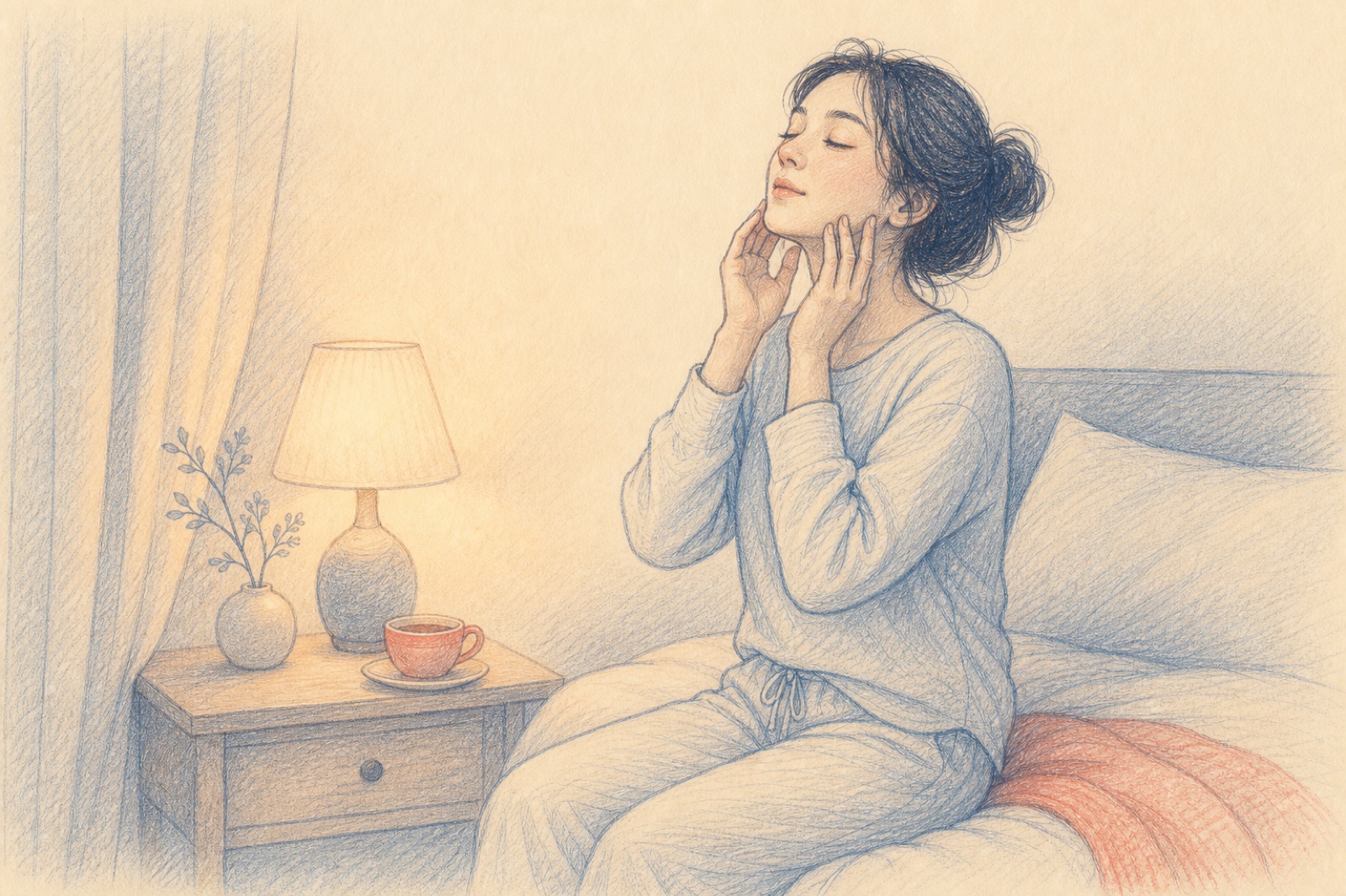 Illustration: ruhige Abendszene vor dem Schlafengehen.