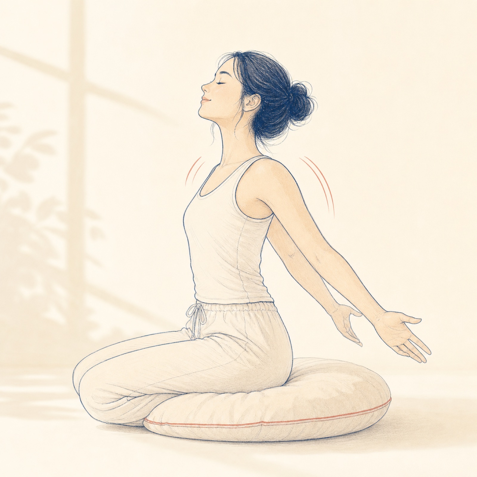 Illustration: eine Person löst mit einer ruhigen Übung Spannung in Schultern und Nacken.