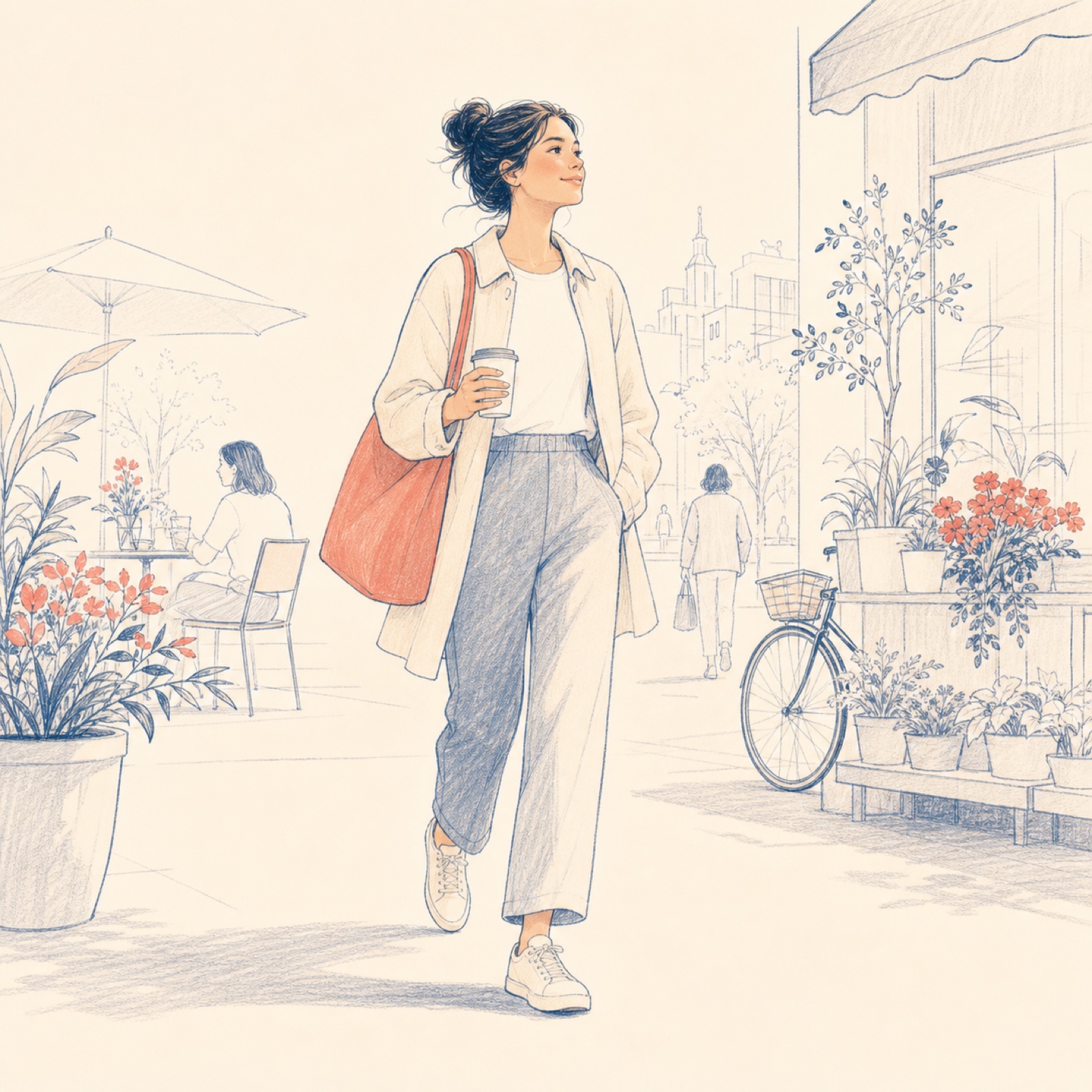 Illustration: eine Person steht aufrecht und gelöst im Alltag.
