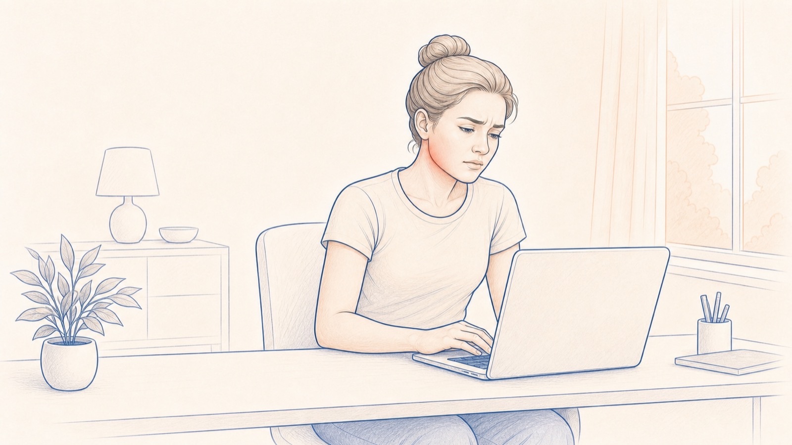Illustration: eine Person arbeitet konzentriert am Bildschirm.